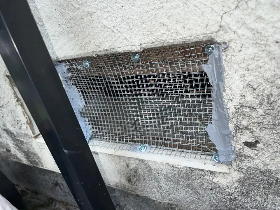 Wall vent covered with steel mesh, edges sealed with putty
