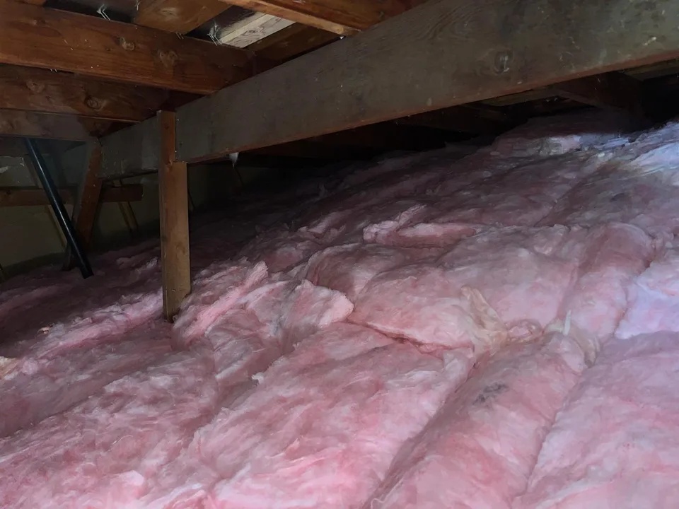 Even new pink batt insulation across a wide attic floor